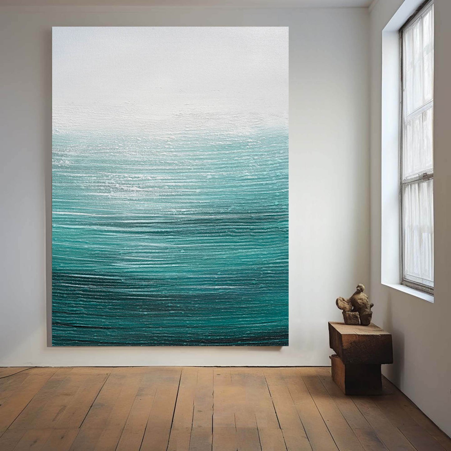 Tranquil Ocean Waves Oil Painting in Serene Blue and White Tones for Coastal Decor