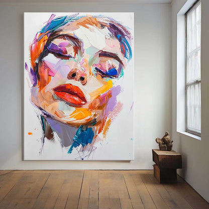 Vibrant Modern Abstract Oil Painting of a Serene Woman's Face