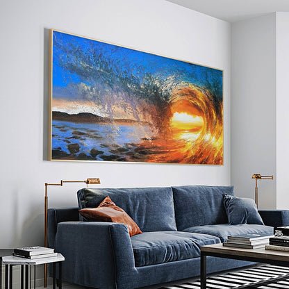 Vibrant Sunset Wave Over Ocean - Stunning Oil Painting for Beach Lovers