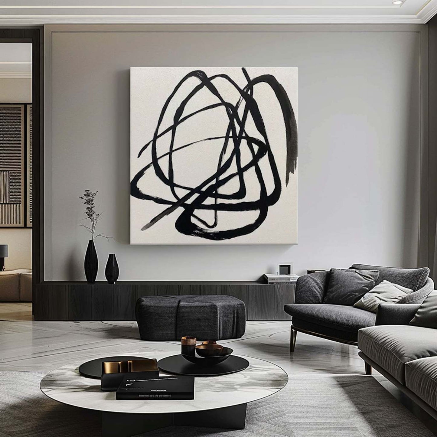 Abstract Minimalist Black Line Art Painting for Contemporary Home Decor