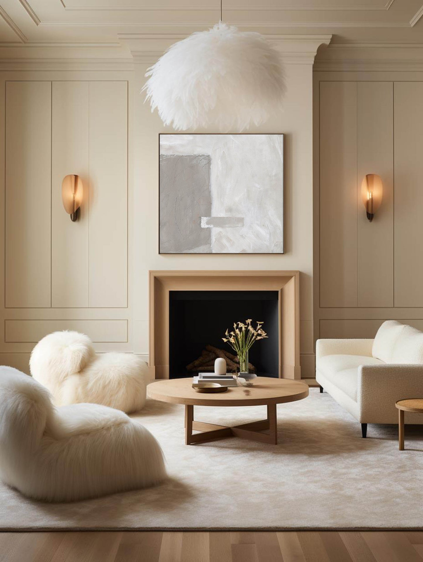 Elegant Brown and White Minimalist Abstract Oil Painting for Modern Home Decor