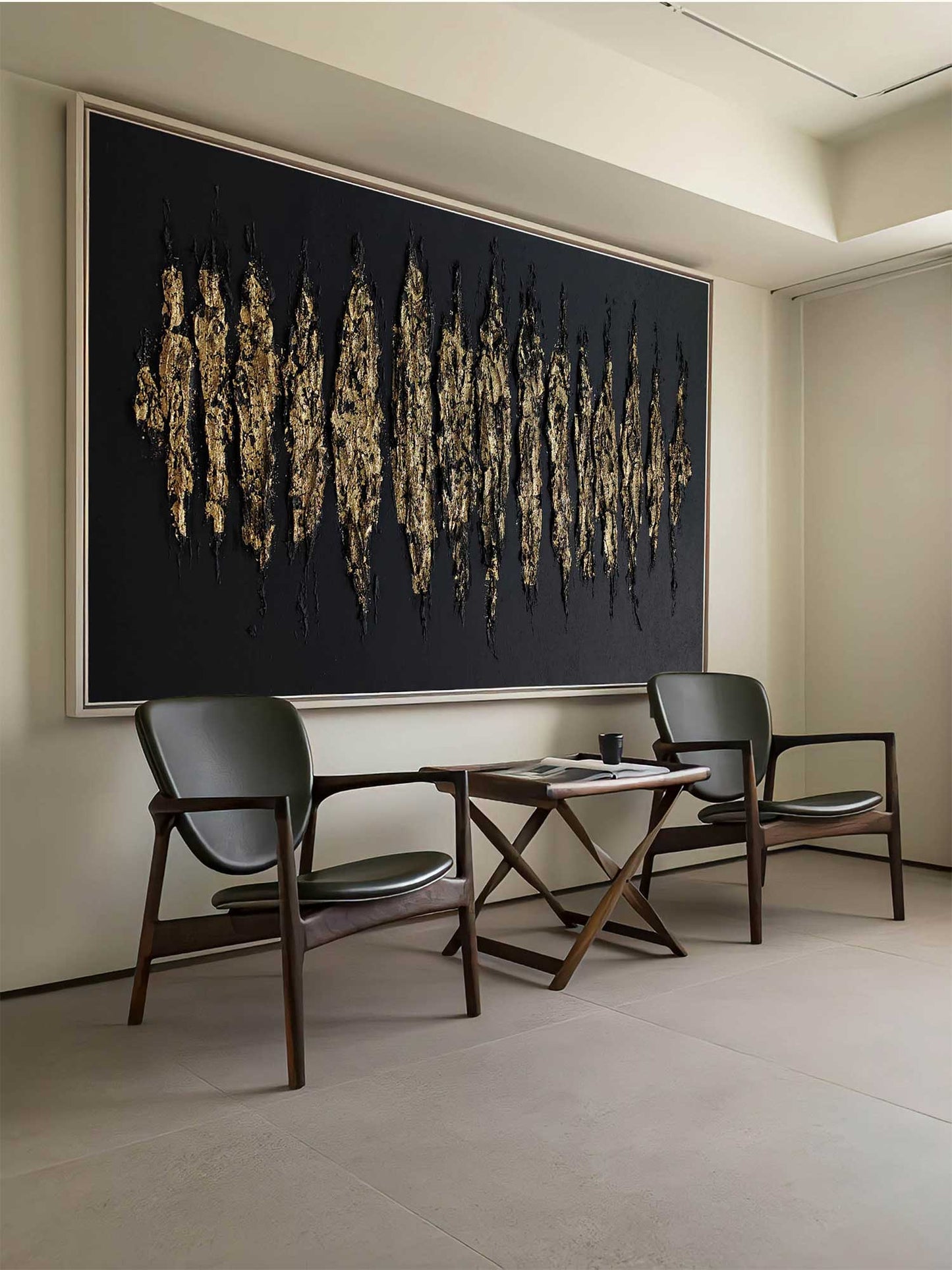 Elegant Minimalist Gold and Black Abstract Oil Painting for Modern Interiors