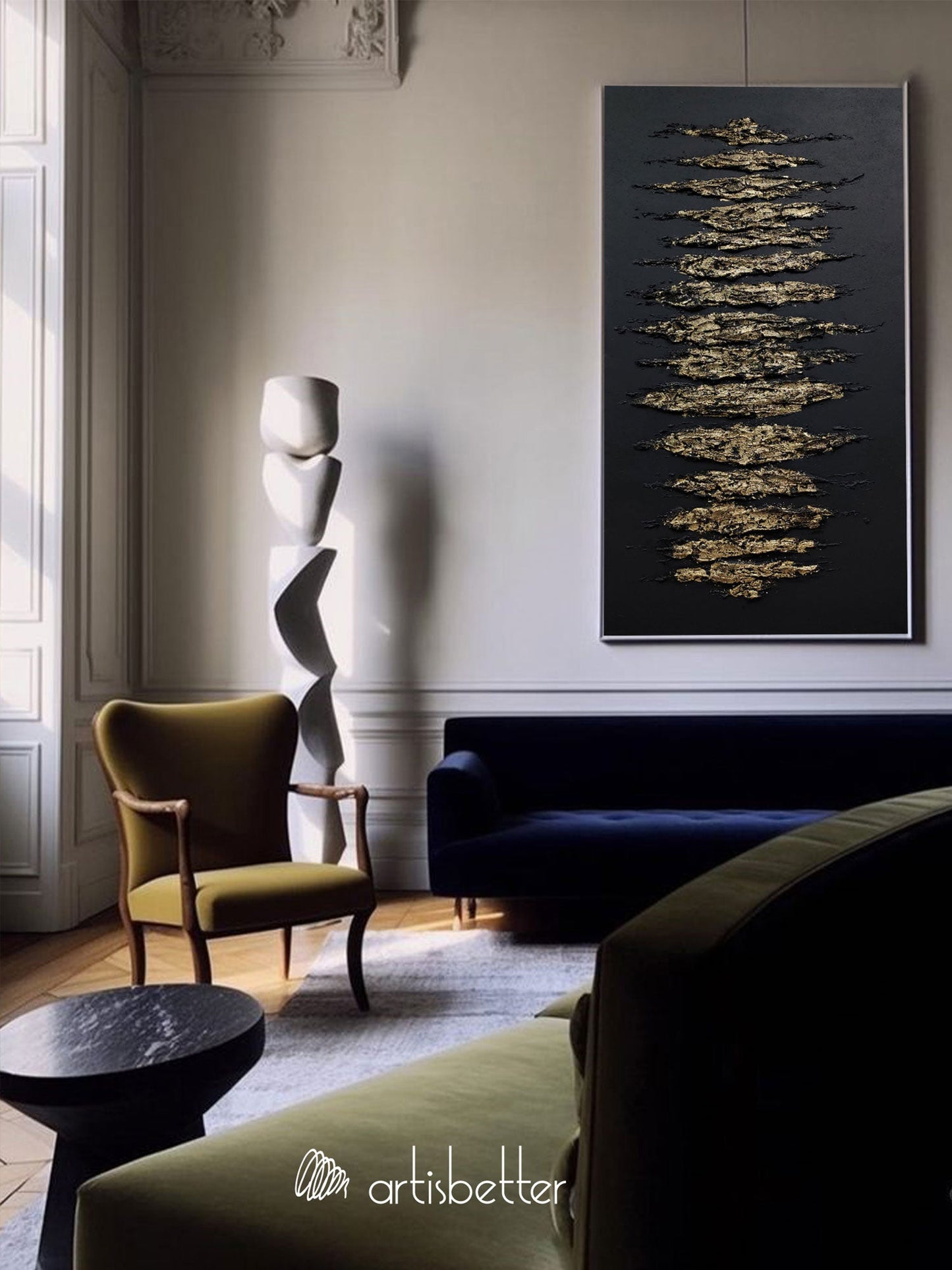 Elegant Minimalist Gold and Black Abstract Oil Painting for Modern Interiors