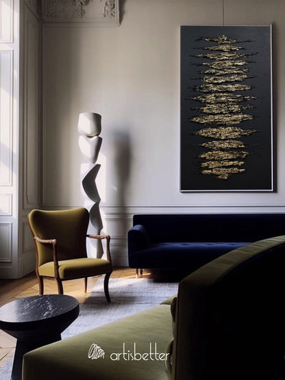 Elegant Minimalist Gold and Black Abstract Oil Painting for Modern Interiors