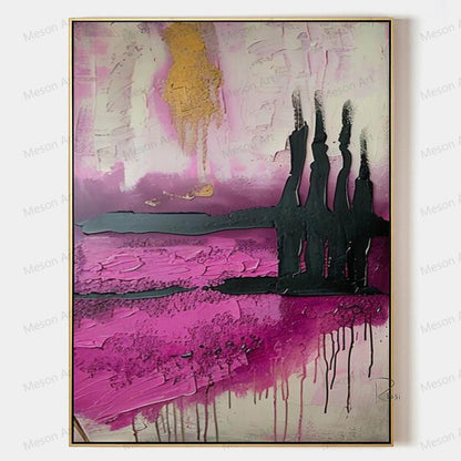 Abstract Pink and Black Oil Painting with Gold Accents for Modern Home Decor