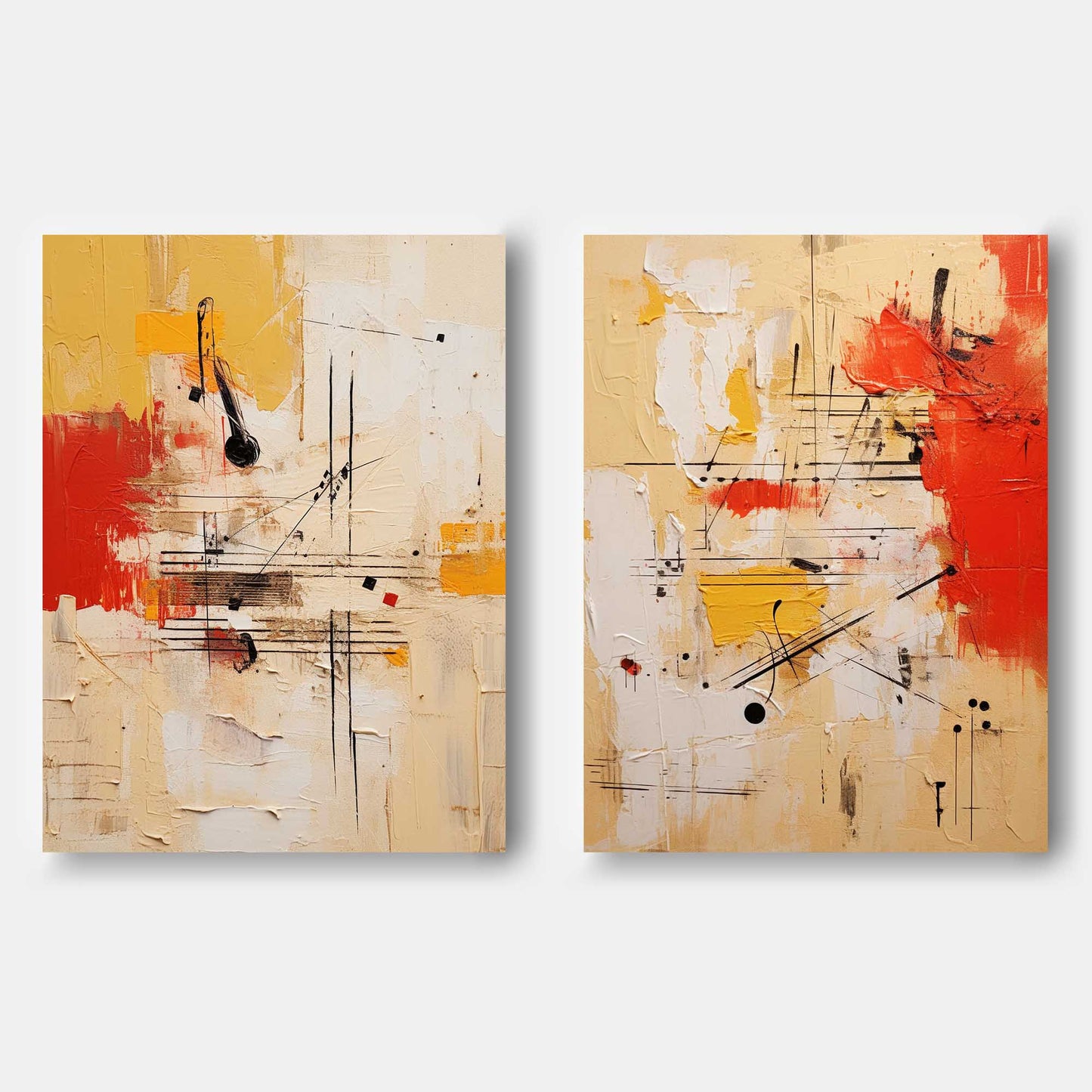 Vibrant Abstract Oil Painting Duo with Red and Yellow Accents for Modern Decor