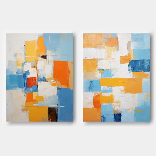 Vibrant Abstract Oil Painting with Blue and Orange Geometric Shapes for Modern Decor