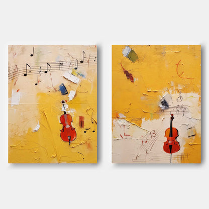 Vibrant Abstract Oil Painting with Violins and Musical Notes in Bright Yellow