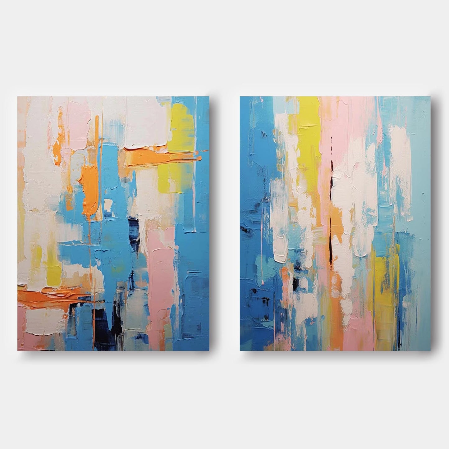 Vibrant Abstract Oil Painting Set in Blue, Pink, and Yellow for Modern Home Decor