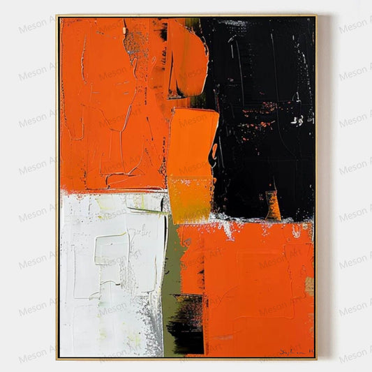 Vibrant Abstract Oil Painting in Orange, Black, and White for Modern Art Lovers