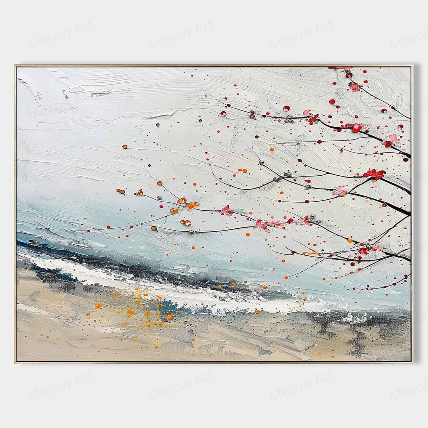 Abstract Landscape Oil Painting with Delicate Branches and Colorful Accents