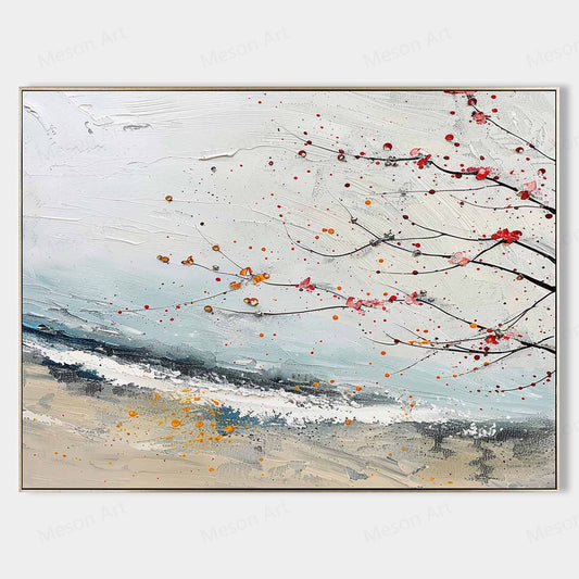 Abstract Landscape Oil Painting with Delicate Branches and Colorful Accents