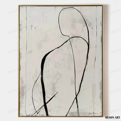 Elegant Black and White Abstract Minimalist Oil Painting for Modern Home Decor