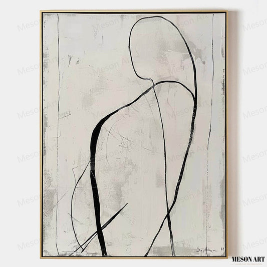 Elegant Black and White Abstract Minimalist Oil Painting for Modern Home Decor