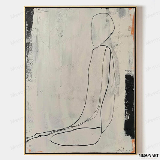 Elegant Minimalist Oil Painting of a Serene Figure in Neutral Tones