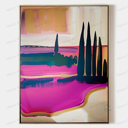 Vibrant Abstract Oil Painting with Bold Colors and Serene Landscape Elements