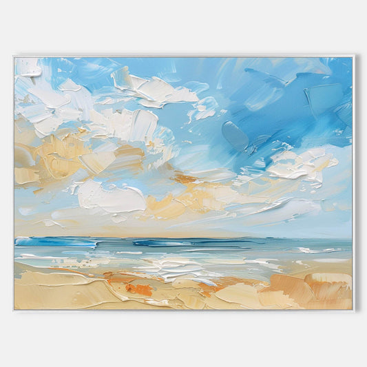 Vibrant Coastal Beach Scene Oil Painting with Lush Skies and Serene Waters