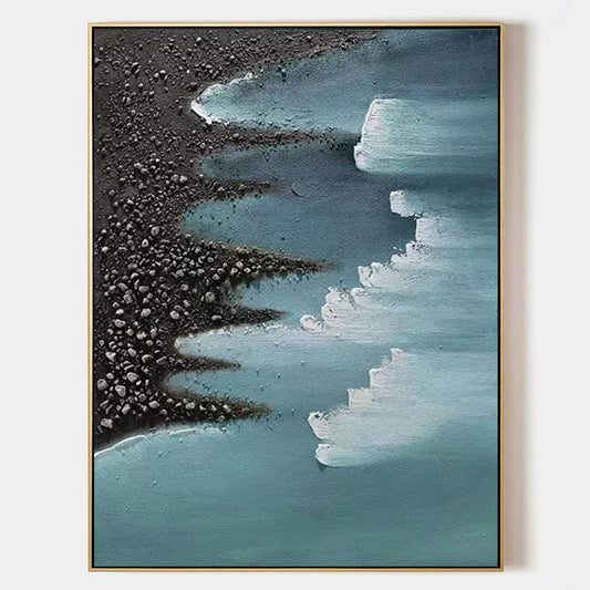 Abstract Seascape Oil Painting with Textured Beach and Gentle Waves