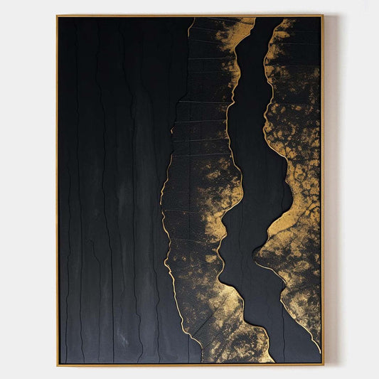 Elegant Minimalist Black and Gold Abstract Oil Painting for Modern Decor