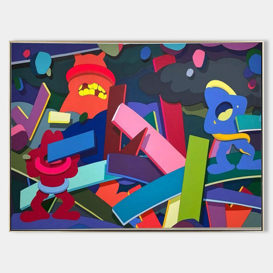 Vibrant Abstract Oil Painting Inspired by Kaws Pop Art Style