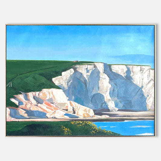 Coastal Bliss: Exquisite Oil Painting of Serene Cliffs and Tranquil Waters