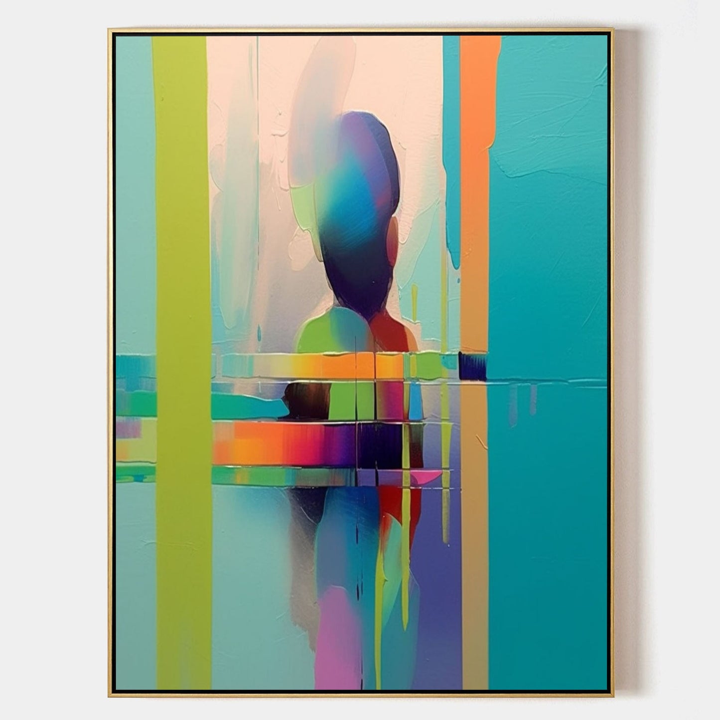 Vibrant Abstract Oil Painting of Silhouette with Colorful Stripes