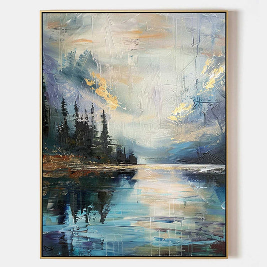 Tranquil Mountain Lake Oil Painting with Serene Reflection and Lush Forest