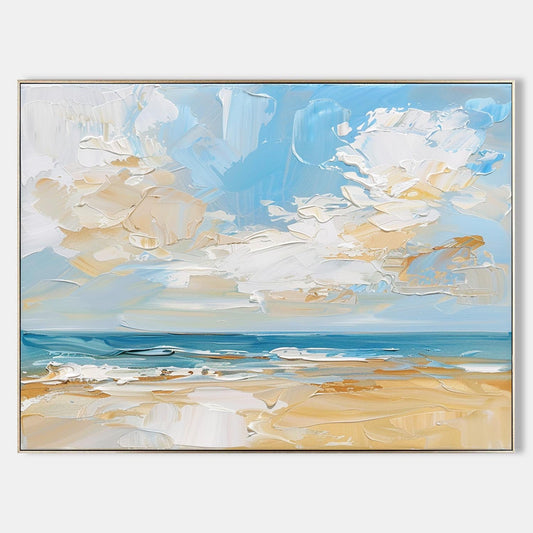 Tranquil Beach Painting with Serene Blue Sky and Gentle Waves