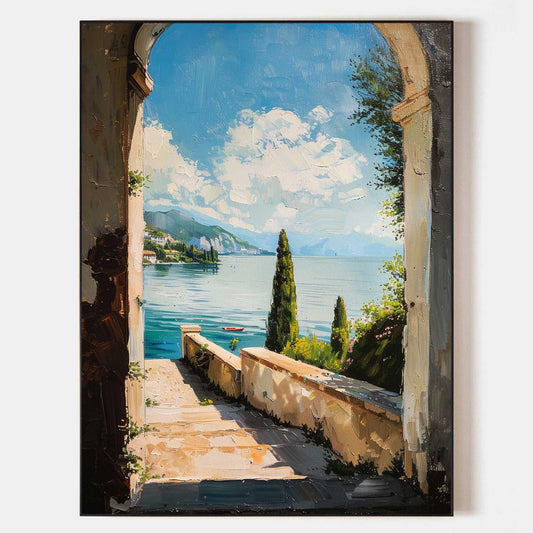 Picturesque Ocean View: Vibrant Oil Painting of Serene Lake and Nature