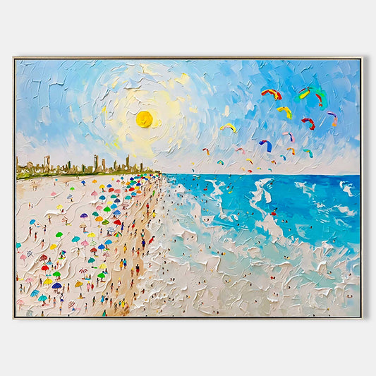 Vibrant Beach Day with Colorful Umbrellas and Kites in Sunny Paradise
