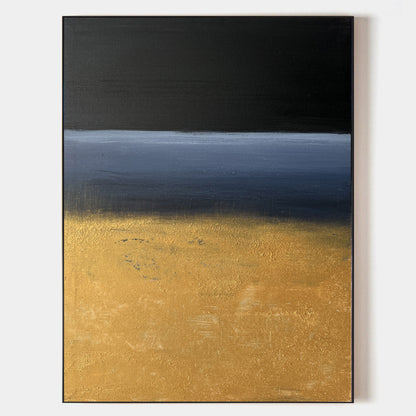 Contemporary Abstract Oil Painting with Bold Black and Gold Landscape