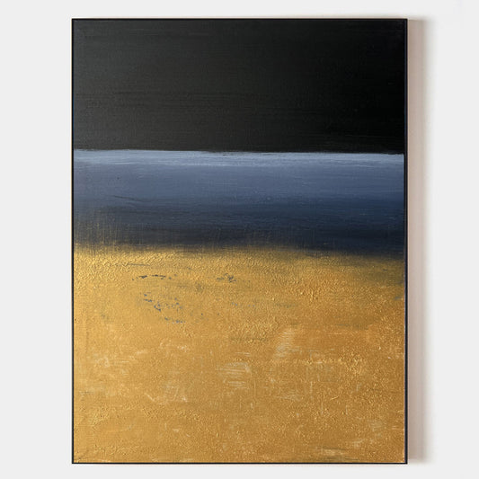 Contemporary Abstract Oil Painting with Bold Black and Gold Landscape