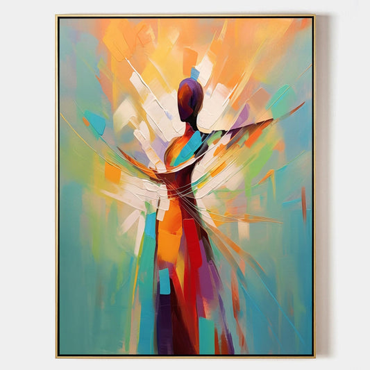 Vibrant Abstract Oil Painting of a Dancing Figure in Colorful Swirls