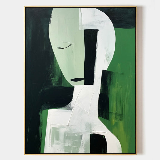 Elegant Minimalist Abstract Oil Painting in Green and Black Tones
