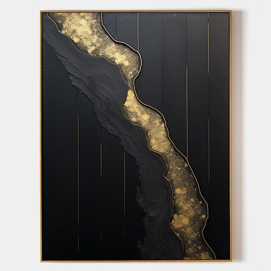 Elegant Black and Gold Minimalist Abstract Oil Painting for Modern Home Decor