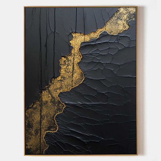 Elegant Black and Gold Minimalist Abstract Oil Painting for Modern Home Decor