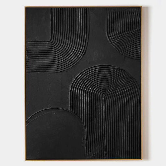 Contemporary Black Abstract Oil Painting with Textured Lines and Minimalist Elegance