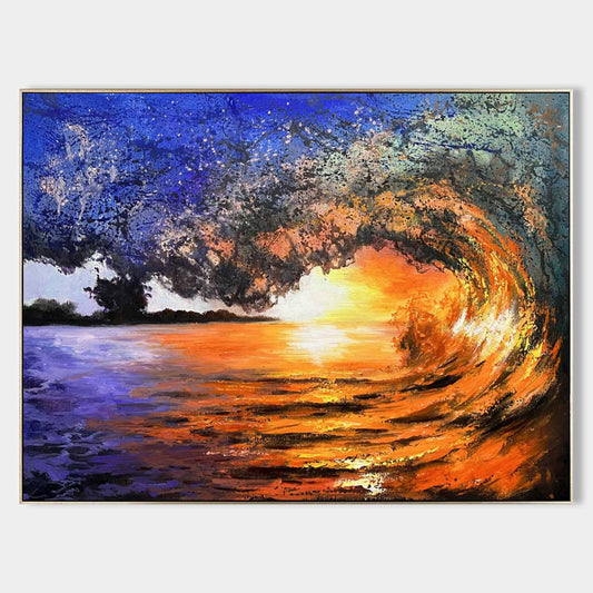 Stunning Sunset Wave - Vibrant Ocean Oil Painting for Home Decor