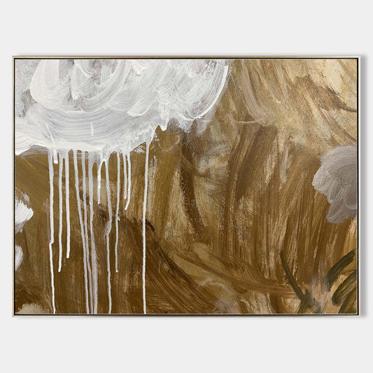 Contemporary Gold and White Abstract Oil Painting for Modern Decor