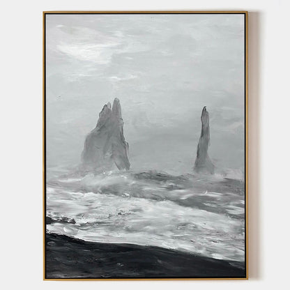 Monochromatic Coastal Landscape Oil Painting with Dramatic Waves and Rocks