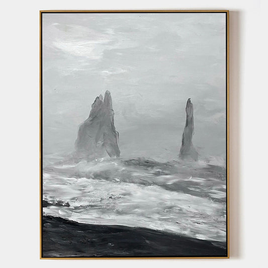Monochromatic Coastal Landscape Oil Painting with Dramatic Waves and Rocks