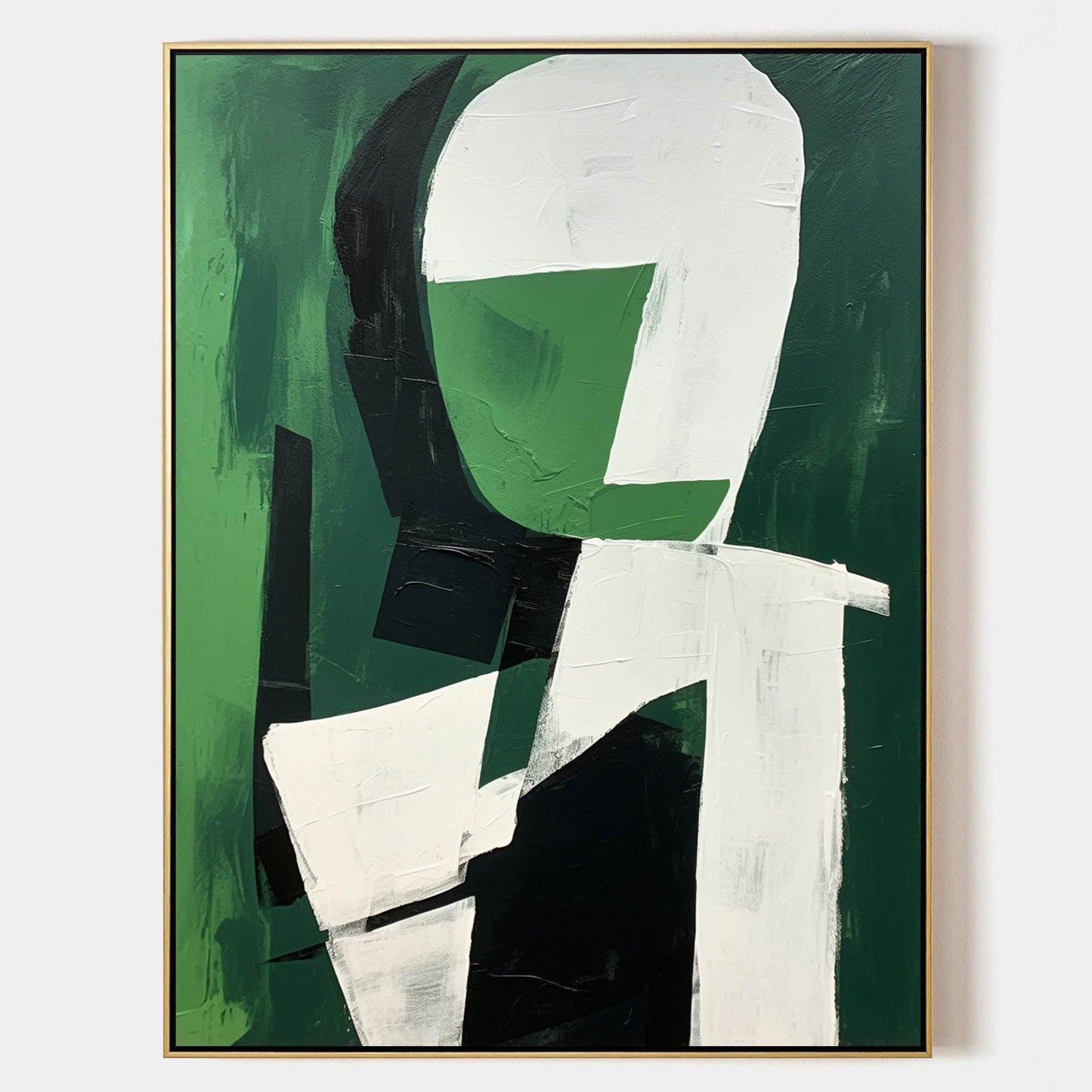 Modern Abstract Oil Painting in Green and White for Minimalist Decor