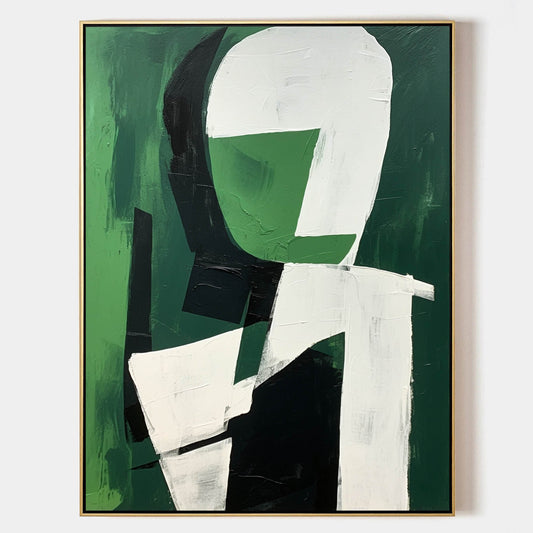 Modern Abstract Oil Painting in Green and White for Minimalist Decor