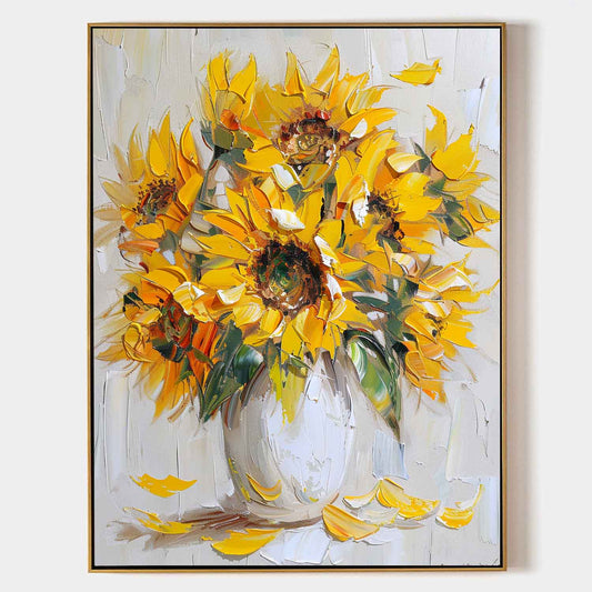 Vibrant Sunflower Bouquet in White Vase | Original Oil Painting Decor