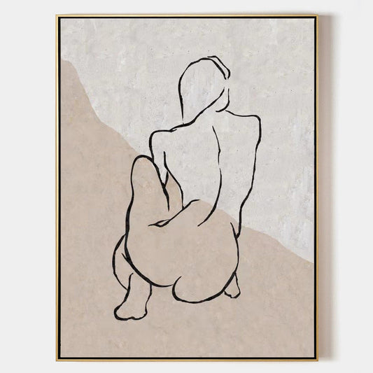 Chic Beige Abstract Oil Painting with Minimalist Line Art for Modern Decor