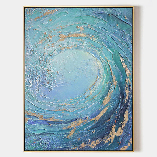 Dynamic Ocean Wave Oil Painting with Turquoise and Gold Accents