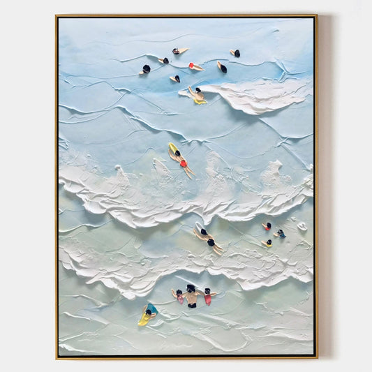 Abstract Coastal Scene with Swimmers - Textured Oil Painting Art