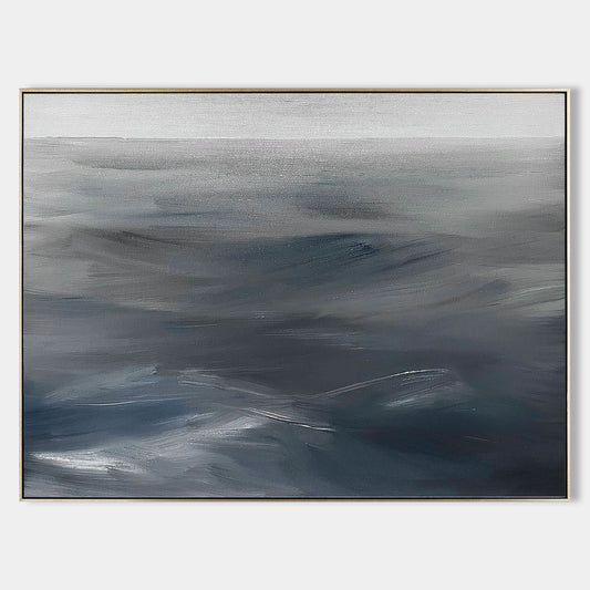 Dynamic Gray Waves - Contemporary Abstract Oil Painting for Modern Home Decor