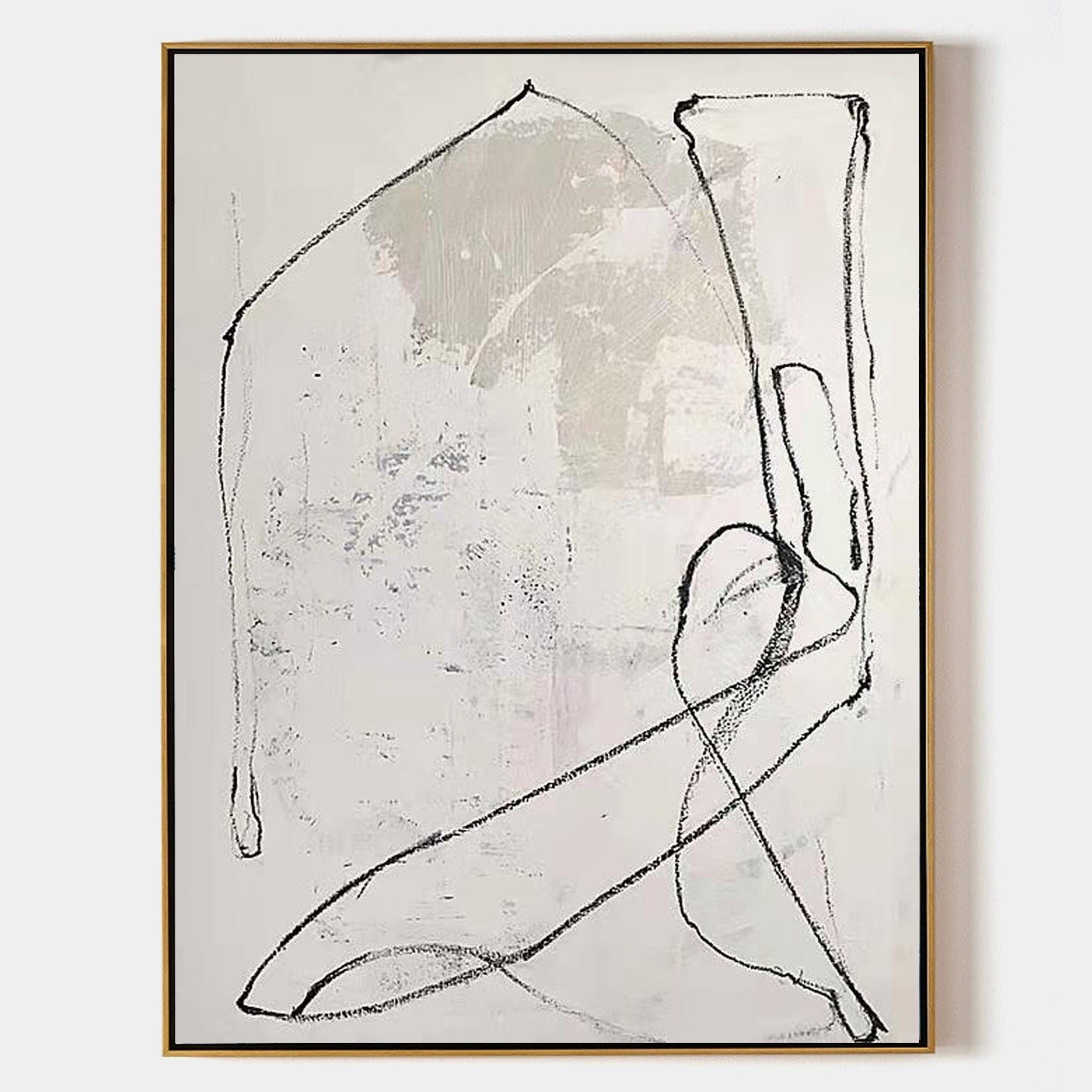 Contemporary White Abstract Oil Painting with Minimalist Line Art Design