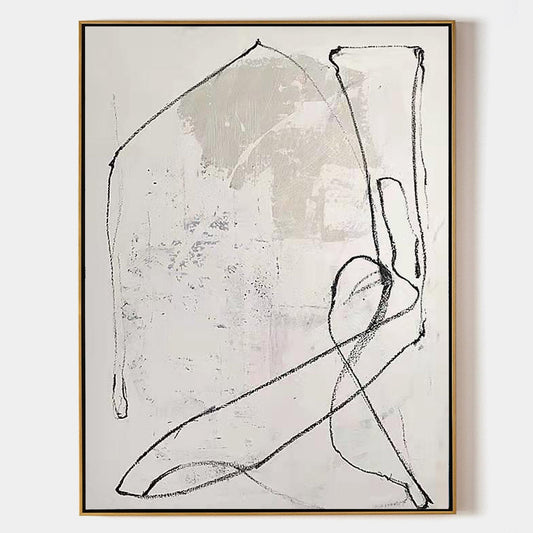 Contemporary White Abstract Oil Painting with Minimalist Line Art Design